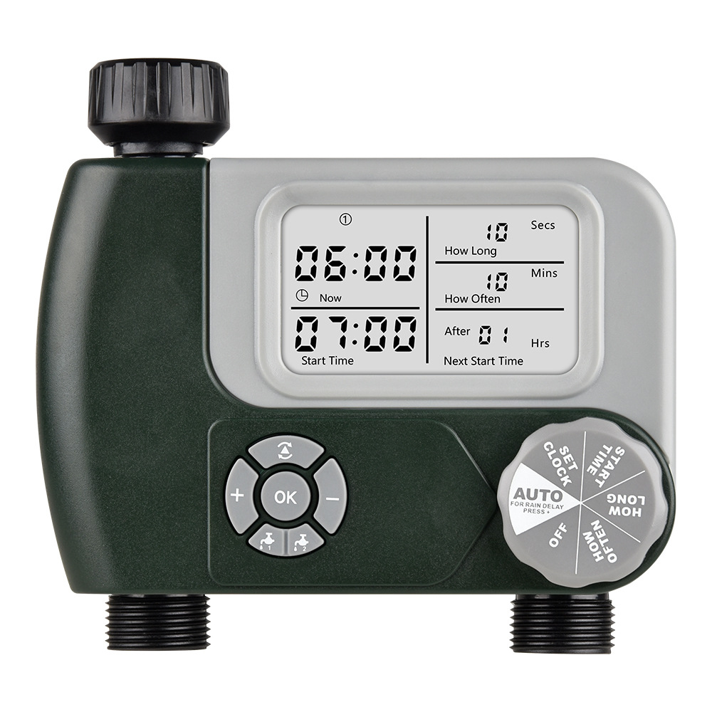 Timer Dual Outlet - เครื่องควบคุมการให้น้ำอัตโนมัติสำหรับสวนกลางแจ้ง หน้าจอขนาดใหญ่ ช่องจ่ายน้ำคู่ ตั้งเวลาให้น้ำดอกไม้